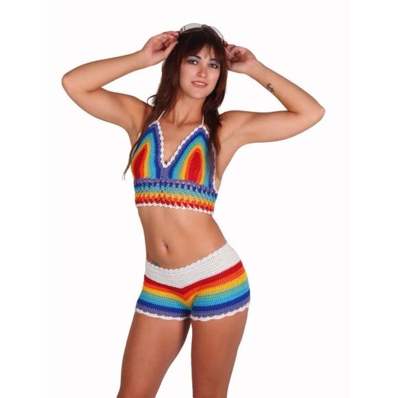 🦋B2G1🦋WESTERN FASHION Crochet Shorts Rainbow Pride Bottoms - Picture 4 of 7